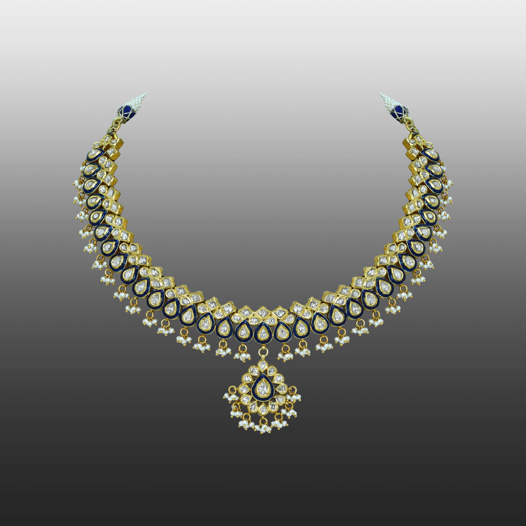 Layered Polki Necklace with Blue Enamel and Pearls